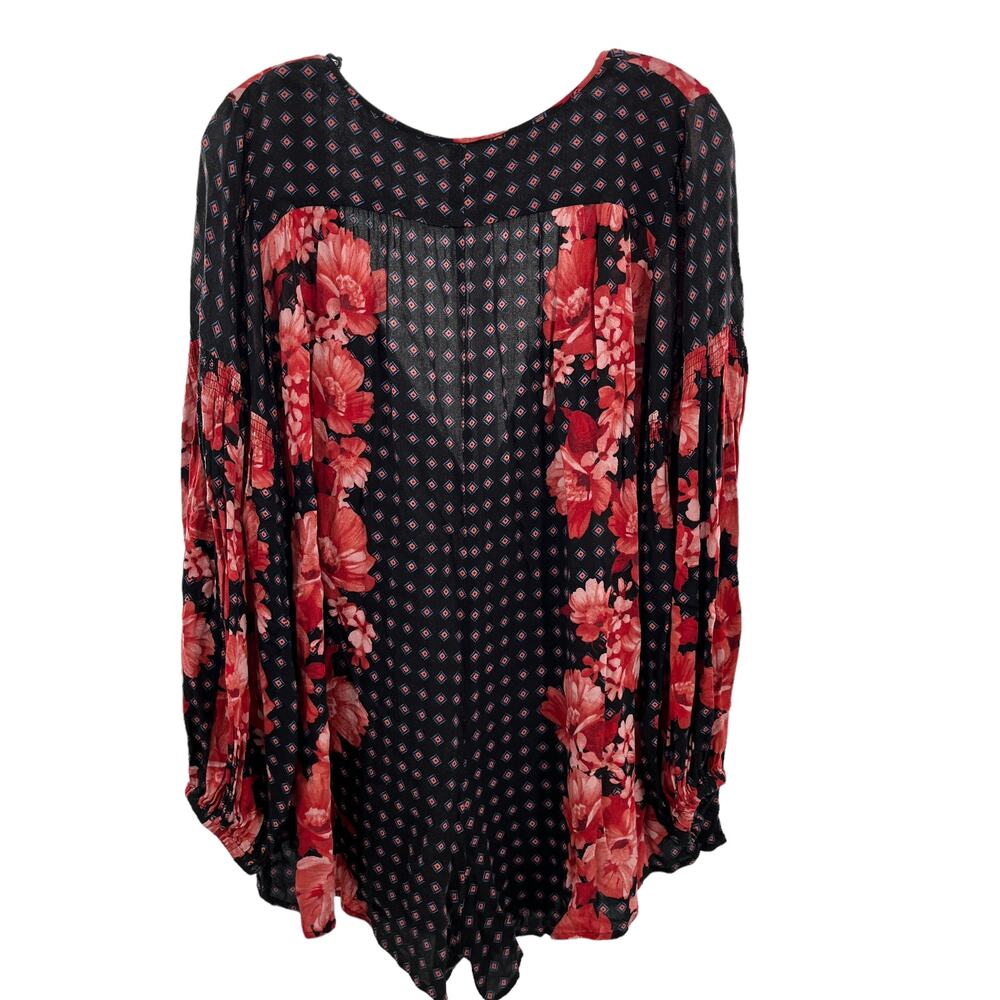 Free People Red Black Long Balloon Sleeve Floral Print V-Neck Boho Top Size XS - Picture 3 of 9